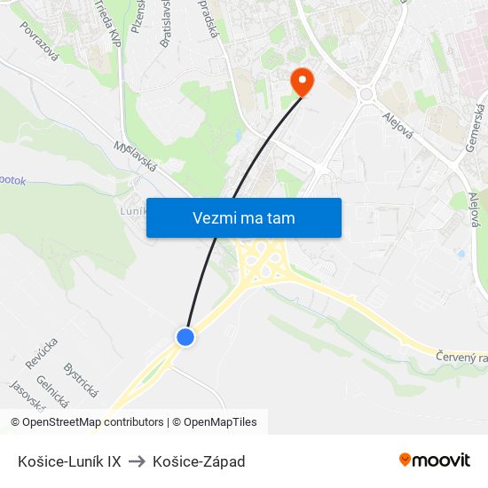 Košice-Luník IX to Košice-Západ map