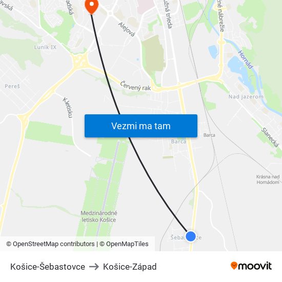 Košice-Šebastovce to Košice-Západ map