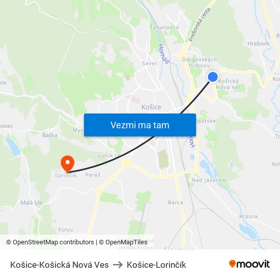 Košice-Košická Nová Ves to Košice-Lorinčík map