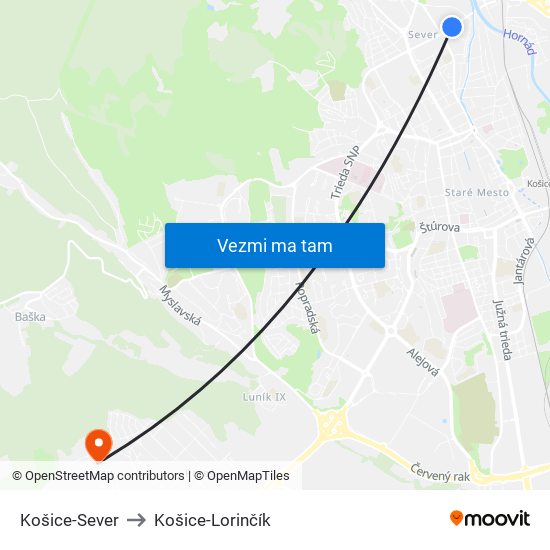 Košice-Sever to Košice-Lorinčík map