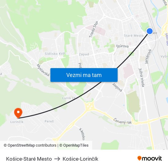 Košice-Staré Mesto to Košice-Lorinčík map