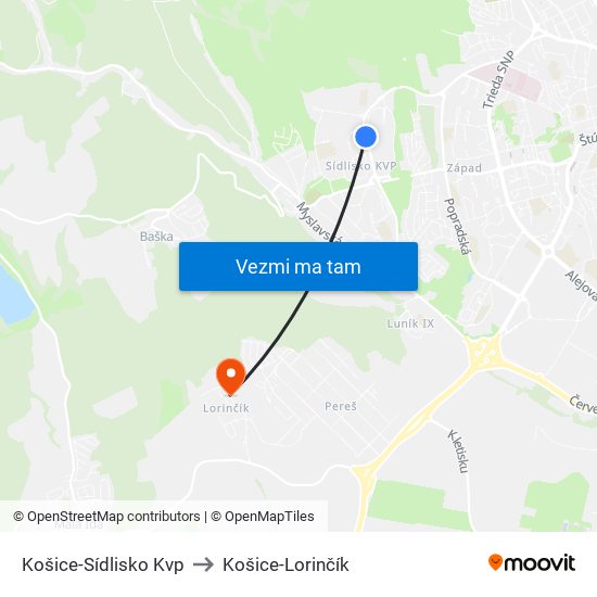 Košice-Sídlisko Kvp to Košice-Lorinčík map