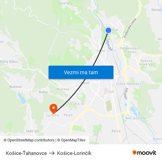 Košice-Ťahanovce to Košice-Lorinčík map