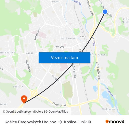 Košice-Dargovských Hrdinov to Košice-Luník IX map