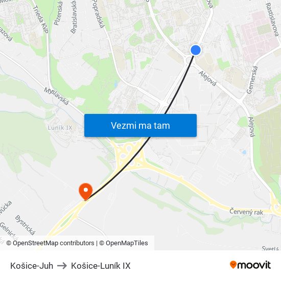 Košice-Juh to Košice-Luník IX map