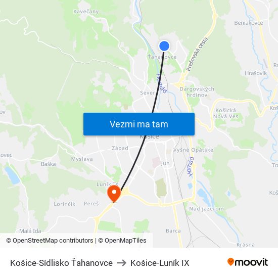 Košice-Sídlisko Ťahanovce to Košice-Luník IX map