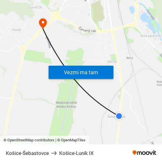 Košice-Šebastovce to Košice-Luník IX map