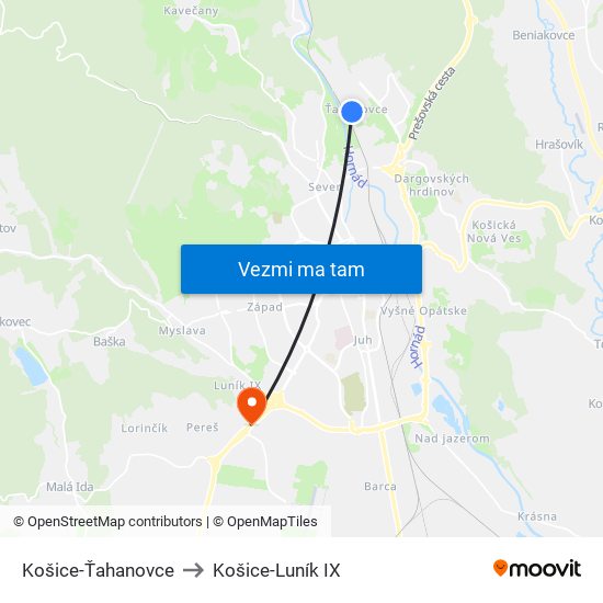 Košice-Ťahanovce to Košice-Luník IX map