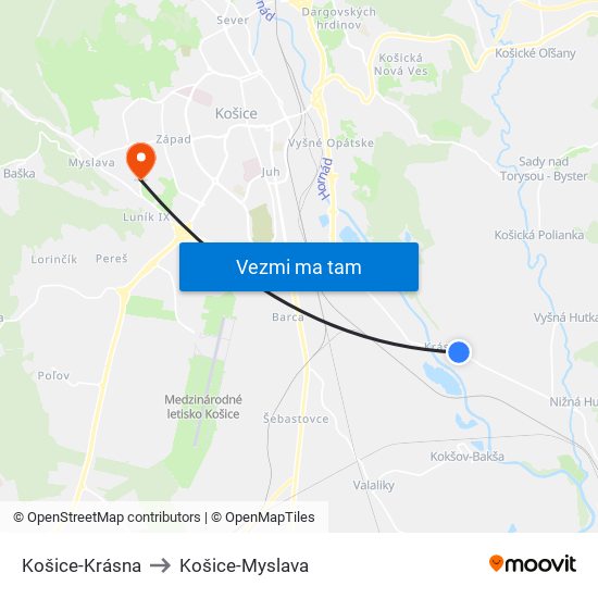 Košice-Krásna to Košice-Myslava map