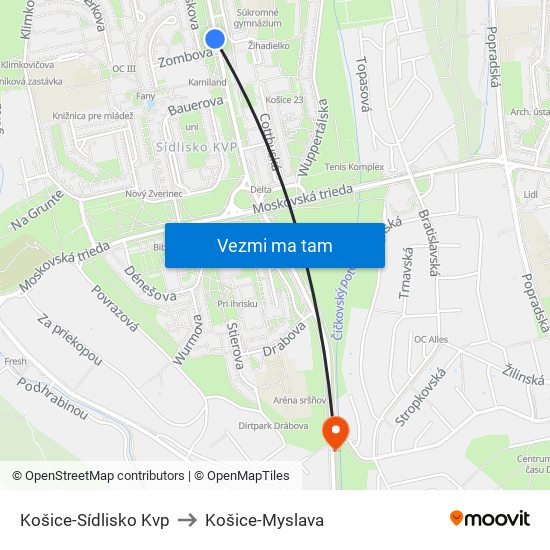 Košice-Sídlisko Kvp to Košice-Myslava map