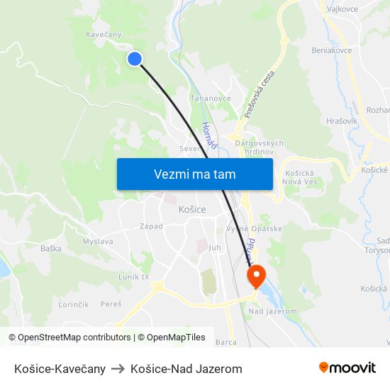 Košice-Kavečany to Košice-Nad Jazerom map