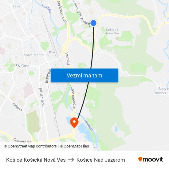 Košice-Košická Nová Ves to Košice-Nad Jazerom map