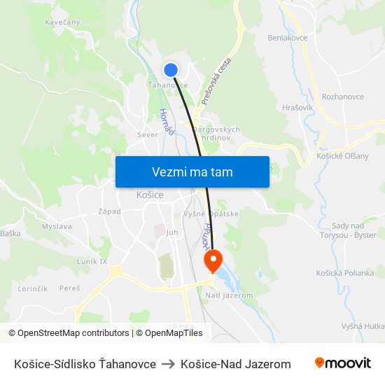 Košice-Sídlisko Ťahanovce to Košice-Nad Jazerom map