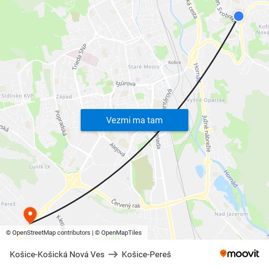 Košice-Košická Nová Ves to Košice-Pereš map