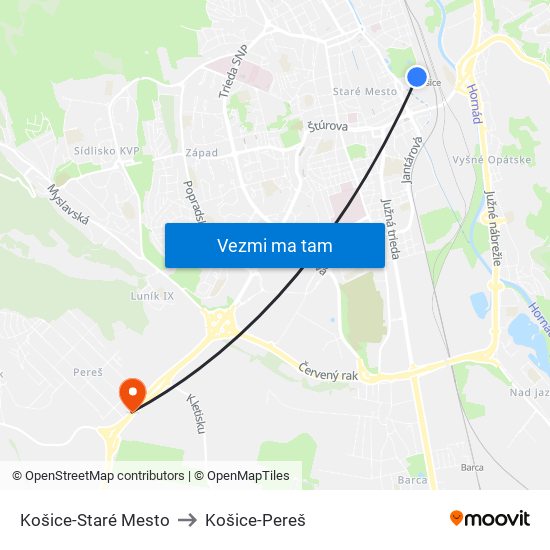 Košice-Staré Mesto to Košice-Pereš map