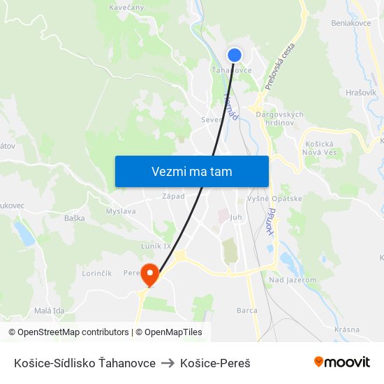 Košice-Sídlisko Ťahanovce to Košice-Pereš map