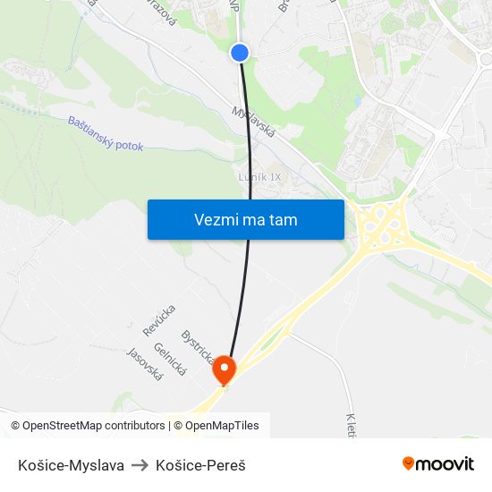 Košice-Myslava to Košice-Pereš map