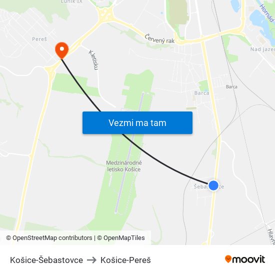 Košice-Šebastovce to Košice-Pereš map