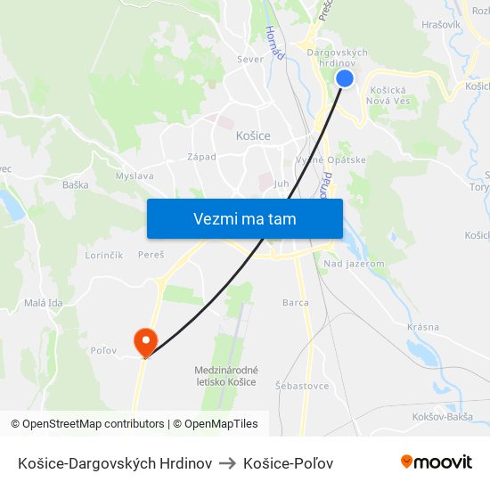 Košice-Dargovských Hrdinov to Košice-Poľov map