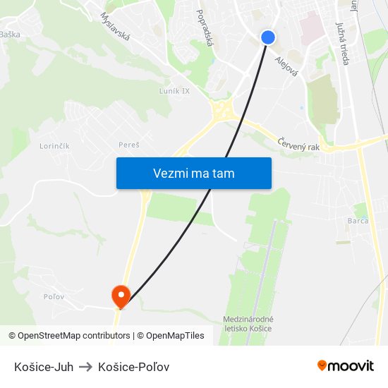 Košice-Juh to Košice-Poľov map