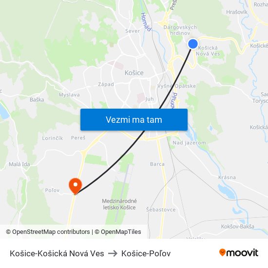 Košice-Košická Nová Ves to Košice-Poľov map