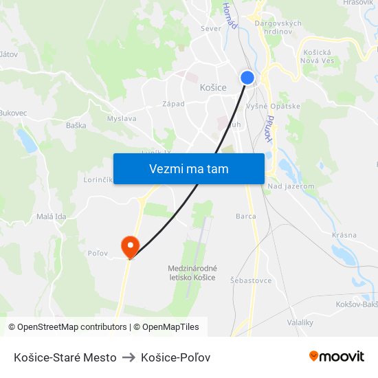 Košice-Staré Mesto to Košice-Poľov map