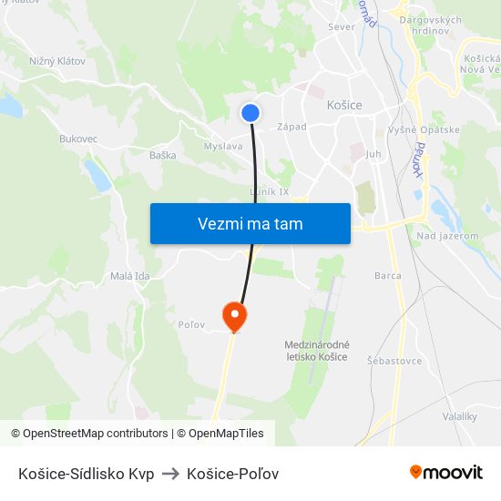 Košice-Sídlisko Kvp to Košice-Poľov map