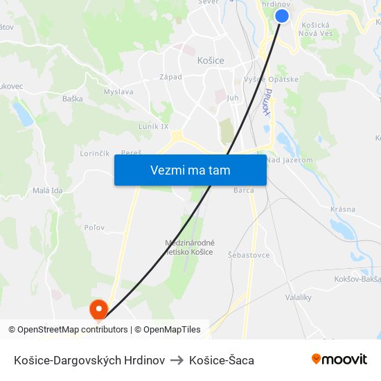 Košice-Dargovských Hrdinov to Košice-Šaca map