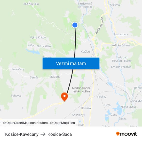 Košice-Kavečany to Košice-Šaca map