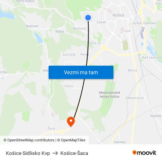 Košice-Sídlisko Kvp to Košice-Šaca map