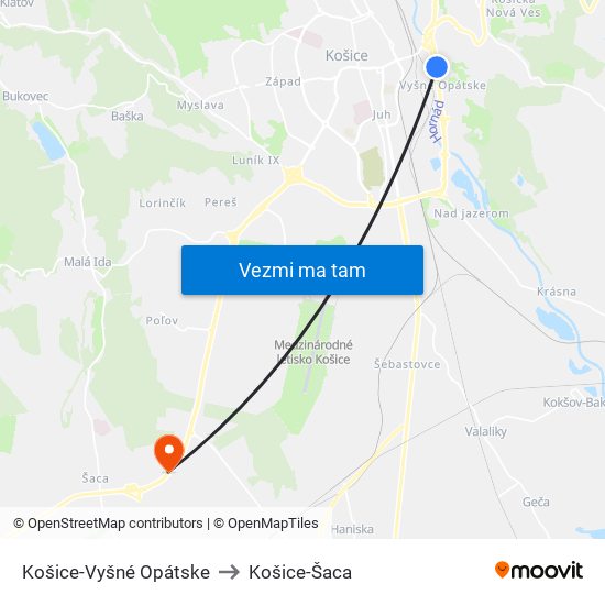 Košice-Vyšné Opátske to Košice-Šaca map