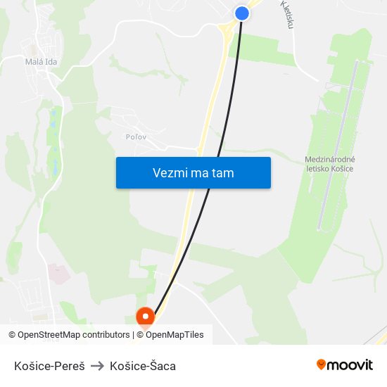 Košice-Pereš to Košice-Šaca map