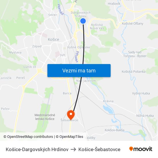 Košice-Dargovských Hrdinov to Košice-Šebastovce map