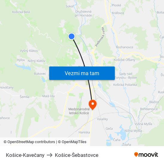 Košice-Kavečany to Košice-Šebastovce map