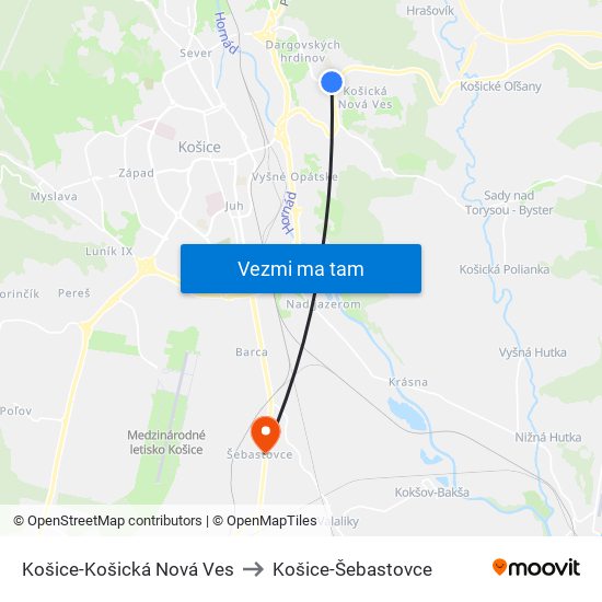 Košice-Košická Nová Ves to Košice-Šebastovce map