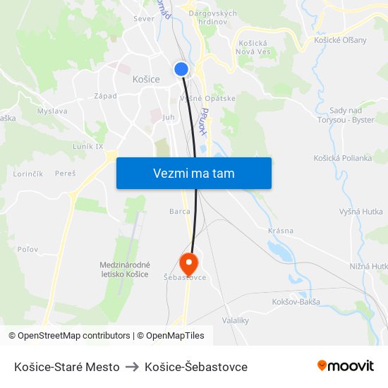 Košice-Staré Mesto to Košice-Šebastovce map