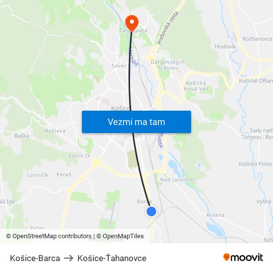 Košice-Barca to Košice-Ťahanovce map