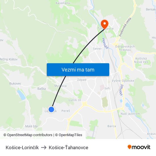 Košice-Lorinčík to Košice-Ťahanovce map