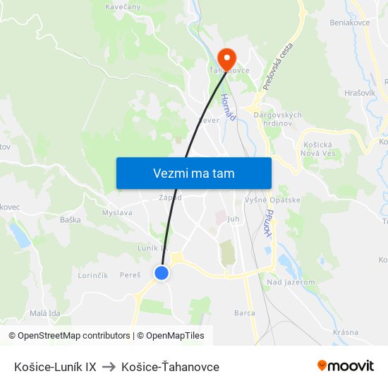 Košice-Luník IX to Košice-Ťahanovce map