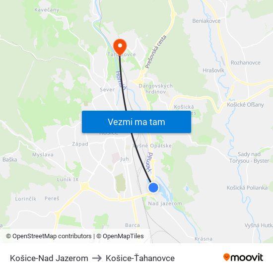 Košice-Nad Jazerom to Košice-Ťahanovce map