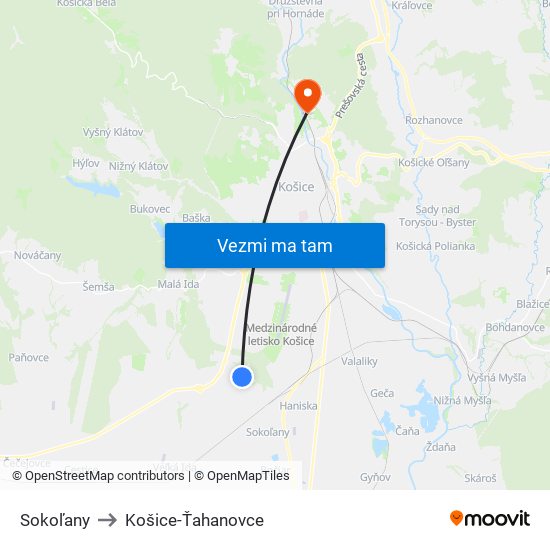 Sokoľany to Košice-Ťahanovce map