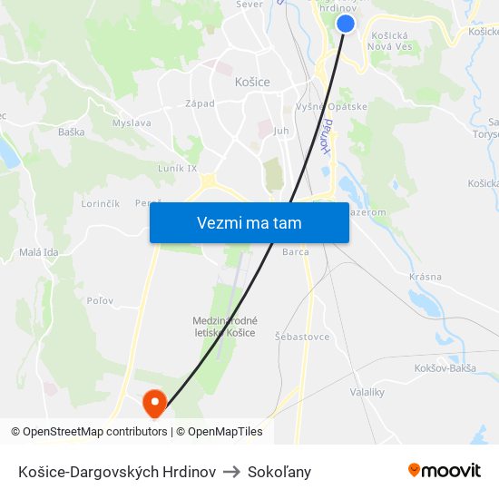 Košice-Dargovských Hrdinov to Sokoľany map