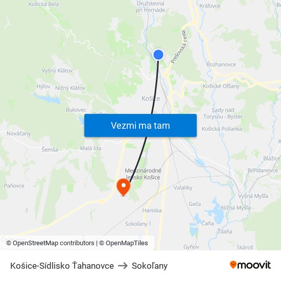 Košice-Sídlisko Ťahanovce to Sokoľany map