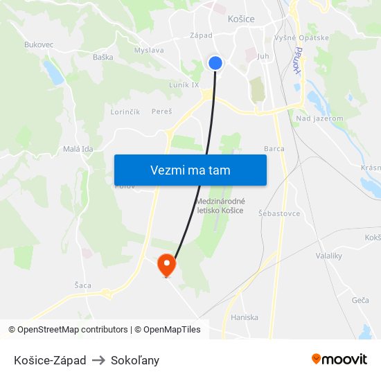 Košice-Západ to Sokoľany map