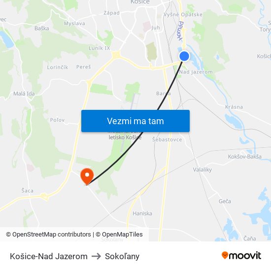 Košice-Nad Jazerom to Sokoľany map