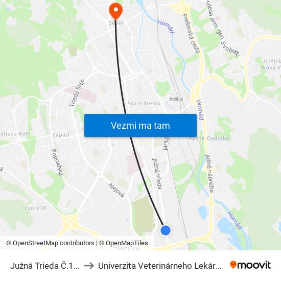 Južná Trieda Č.125 to Univerzita Veterinárneho Lekárstva map