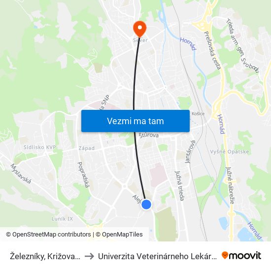 Železníky, Križovatka to Univerzita Veterinárneho Lekárstva map