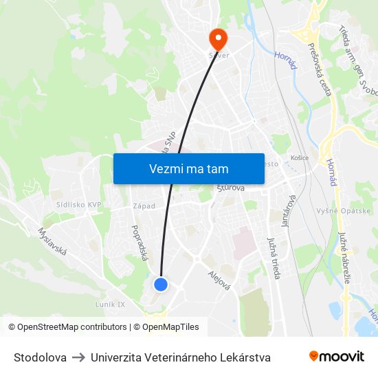 Stodolova to Univerzita Veterinárneho Lekárstva map