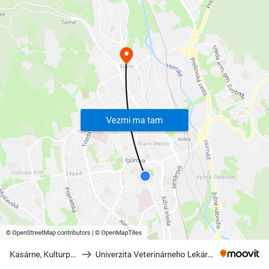 Kasárne, Kulturpark to Univerzita Veterinárneho Lekárstva map