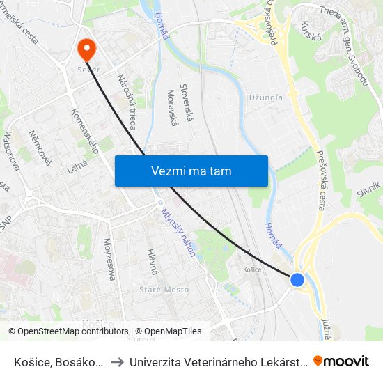 Košice, Bosákova to Univerzita Veterinárneho Lekárstva map